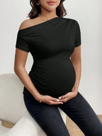 Stylish Black One Shoulder Maternity T-Shirt - Chic Cut-out Shoulder Pregnancy Top - Fanghuang