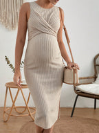 Versatile Beige Maternity Dress with Slit for Vacations, Baby Showers, and Daily Outings - Trendy Summer Essentials - Fanghuang