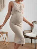 Flattering Bodycon Silhouette for Growing Bump with Side Slit - Sleek Long Pregnancy Dress - Fanghuang