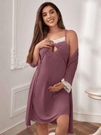 Elegant 2-Piece Maternity & Nursing Set - Long Sleeve Cardigan with Lace Trim Cami Nightgown - Fanghuang