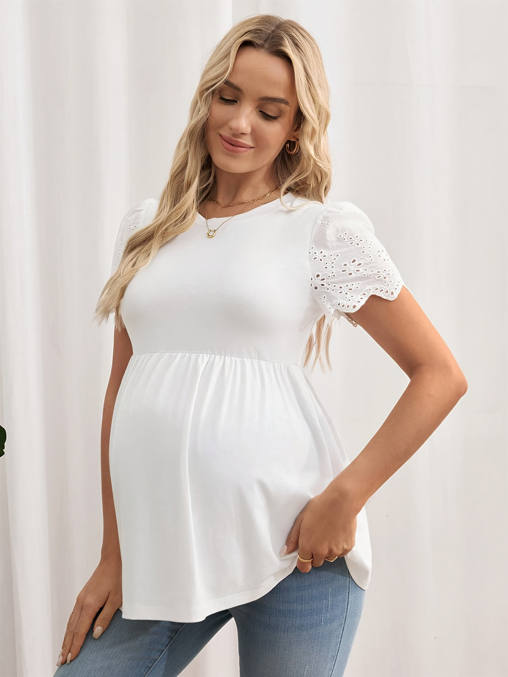 Stylish High-Waisted Maternity T-shirt with Hollow-out Short Sleeves - Summer Fashion Top - Fanghuang