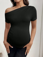 Flattering Slim Fit Silhouette with Asymmetrical Neckline - Elegant Black Maternity Activewear - Fanghuang