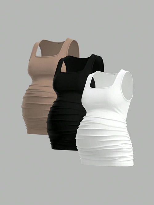 Classic Crew Neck Maternity Tank from 3-Pack Bundle - Soft Summer Top - Fanghuang