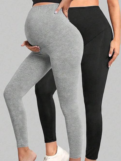 2-Pack Black Maternity Leggings with Tummy Control - Stretchy Over-the-Belly Yoga Pants - Fanghuang