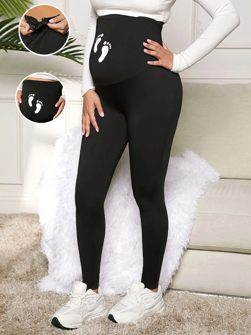 Funny Black Maternity Yoga Pants with Cute Baby Feet Print on Belly - Adjustable Waistband - Fanghuang