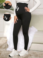 Funny Black Maternity Yoga Pants with Cute Baby Feet Print on Belly - Adjustable Waistband - Fanghuang