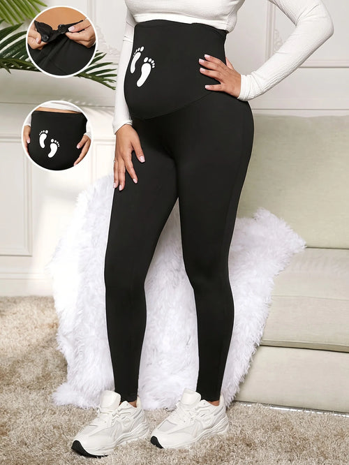 Funny Black Maternity Yoga Pants with Cute Baby Feet Print on Belly - Adjustable Waistband - Fanghuang