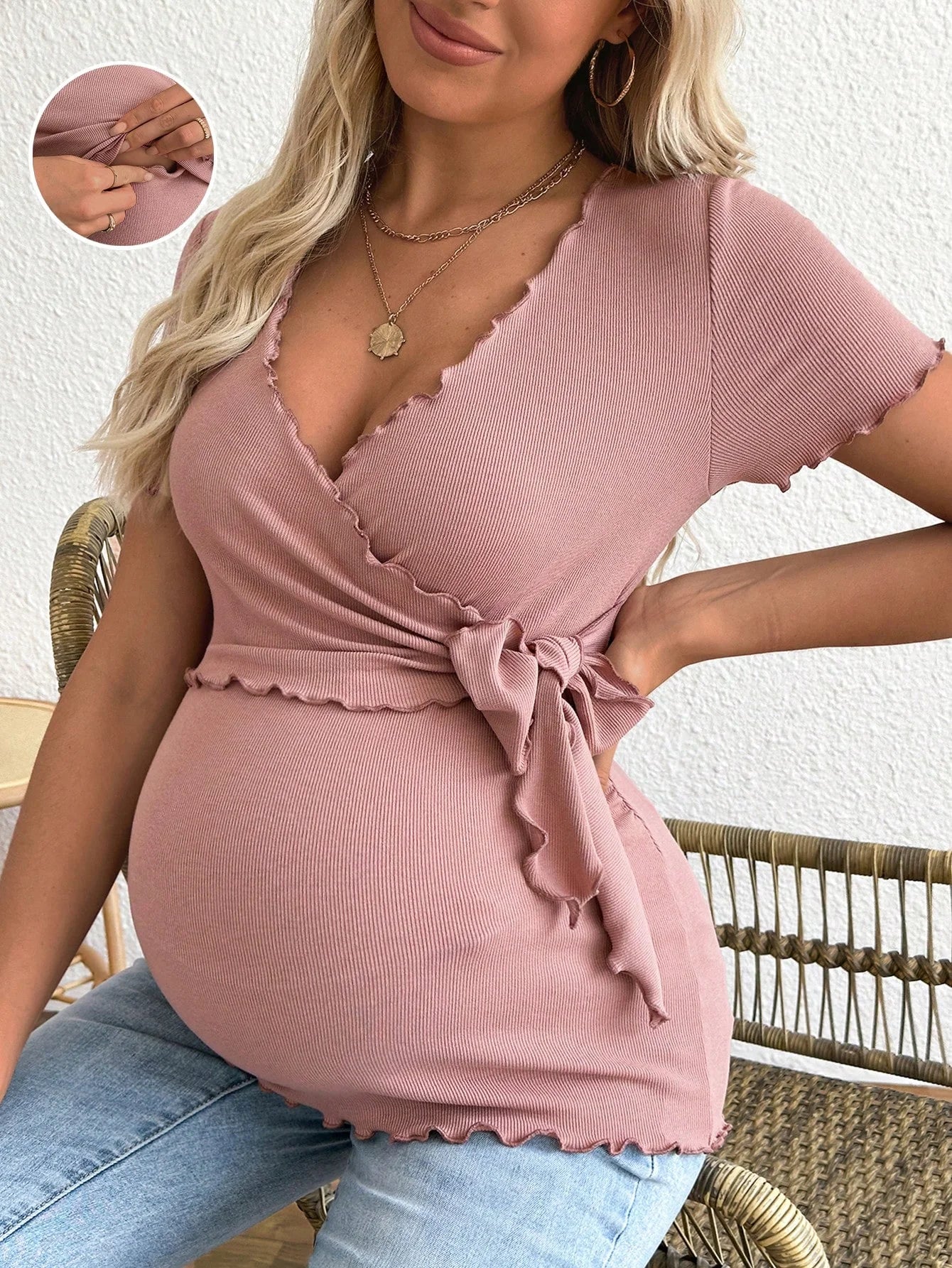 Cute Pink Short Sleeve Maternity Shirt - Casual Summer Breastfeeding Friendly Top - Fanghuang