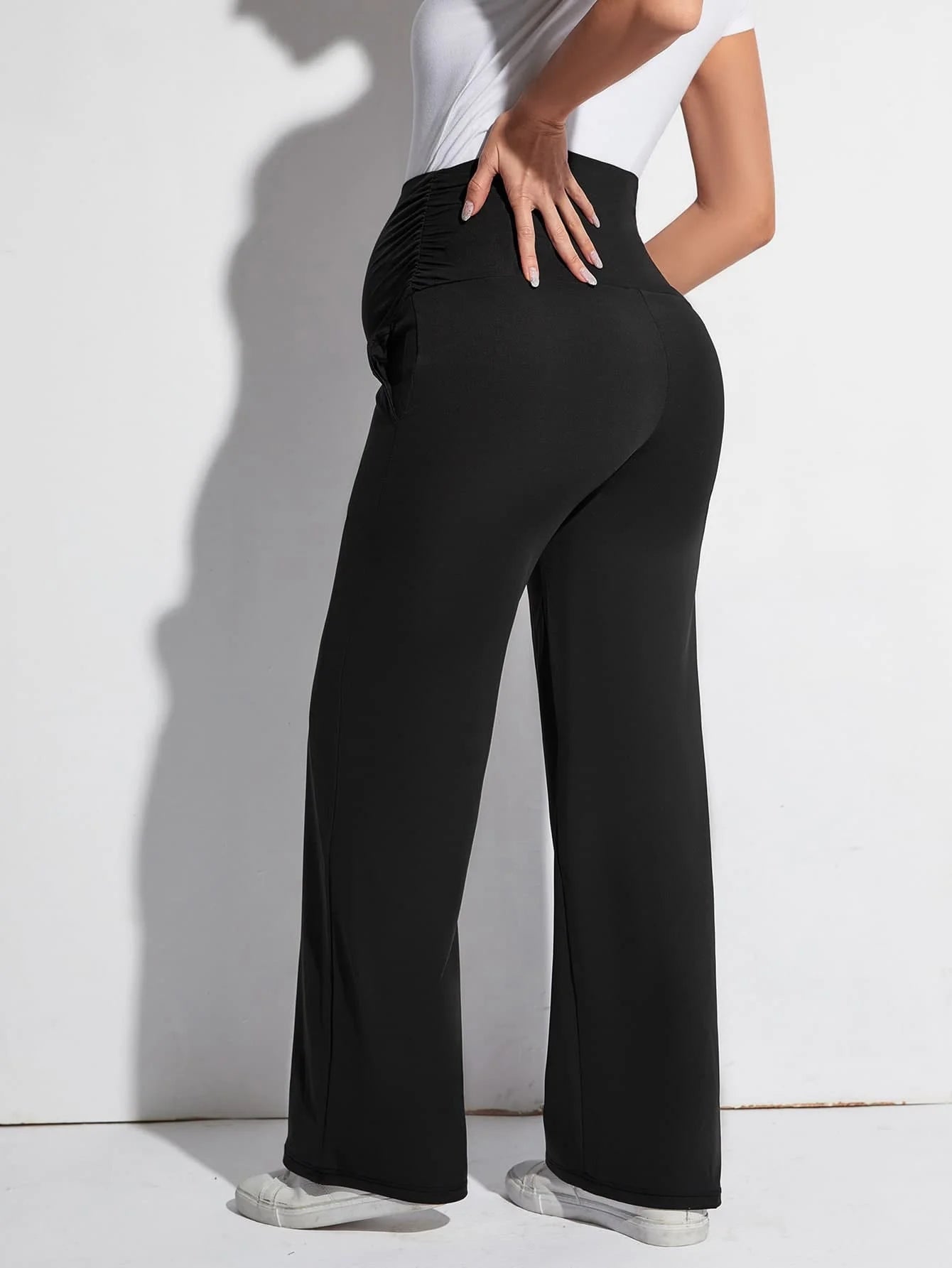 Vertical Side Ruched Belly Support on Relaxed Fit Pregnancy Pants - Flexible Stretchy Waistband - Fanghuang