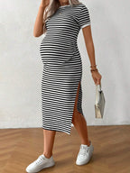 Classic Striped Maternity Bodycon Dress - Slim Fit Hip-Hugging Summer Midi Skirt - Fanghuang