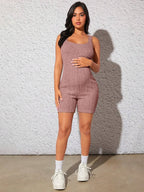 Flattering Slim Fit Silhouette of Maternity Biker Shorts Jumpsuit - Seamless Belly Comfort - Fanghuang