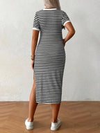 Full Back View of Sleeveless Striped Maternity Dress - Clean and Stylish Outline - Fanghuang