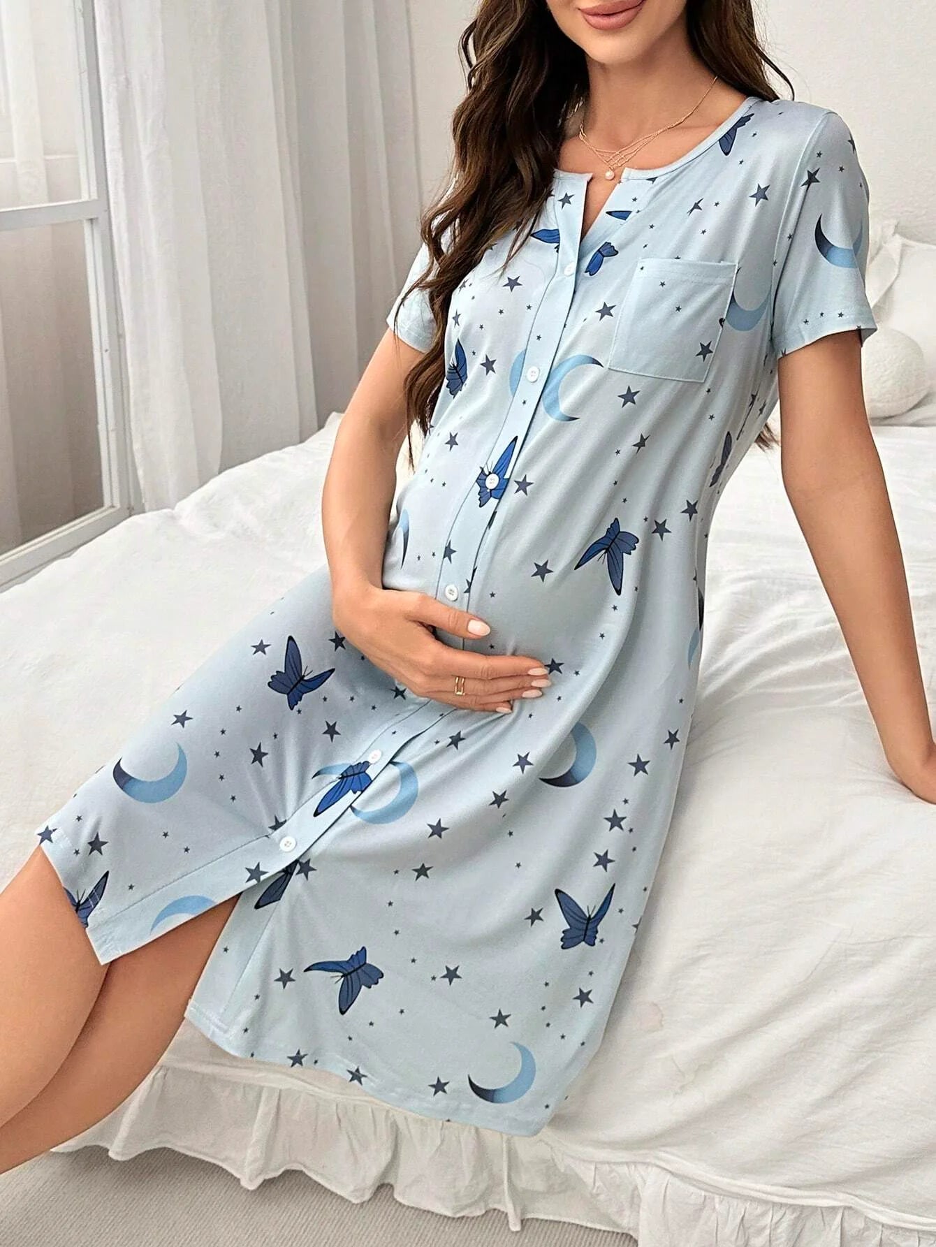 Breathable and Stretchy Fabric Detail of Blue Maternity Dress - Summer Activewear - Fanghuang