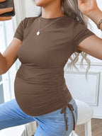 Adjustable Side Drawstring Ruched Detail on Maternity Tee - Elegant Bow-tie Decoration - Fanghuang