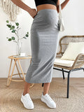 Stretchy Over-the-Belly Support Panel on Grey Maternity Skirt - Seamless Comfort for Growing Belly - Fanghuang