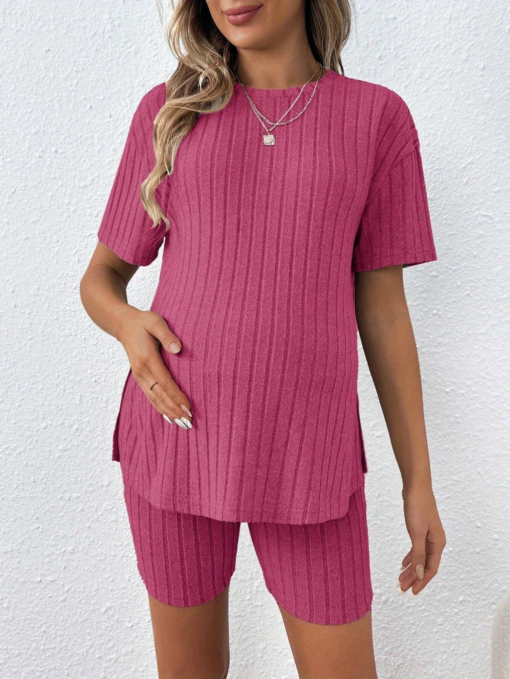 Maternity Two-Piece Set - Summer Comfortable Casual Versatile Loose Stretch Pink Maternity Suit