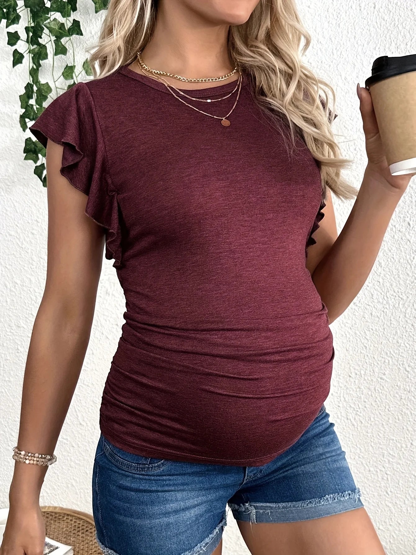 Elegant Maternity Top with Flutter Sleeves and Side Ruched Design - Summer Casual Style - Fanghuang