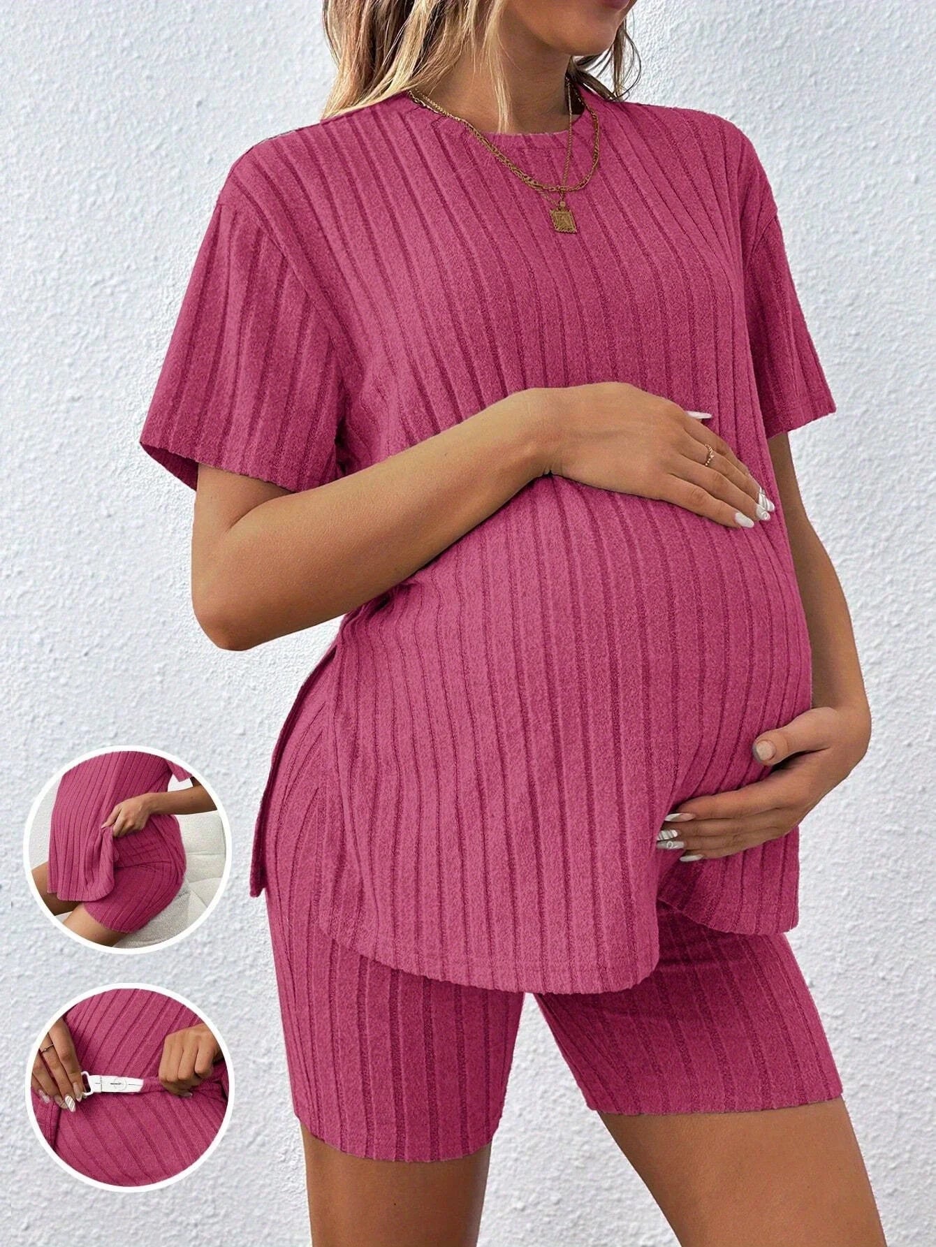 Maternity Two-Piece Set - Summer Comfortable Casual Versatile Loose Stretch Pink Maternity Suit