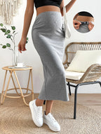 Classic Grey Maternity Midi Skirt with High-Waisted Belly Support - Slim Fit Hip-Hugging Summer Skirt - Fanghuang