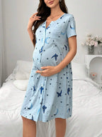 Sweet Sky Blue Maternity Dress with Moon and Star Prints - Button-Front Nursing Summer Dress - Fanghuang