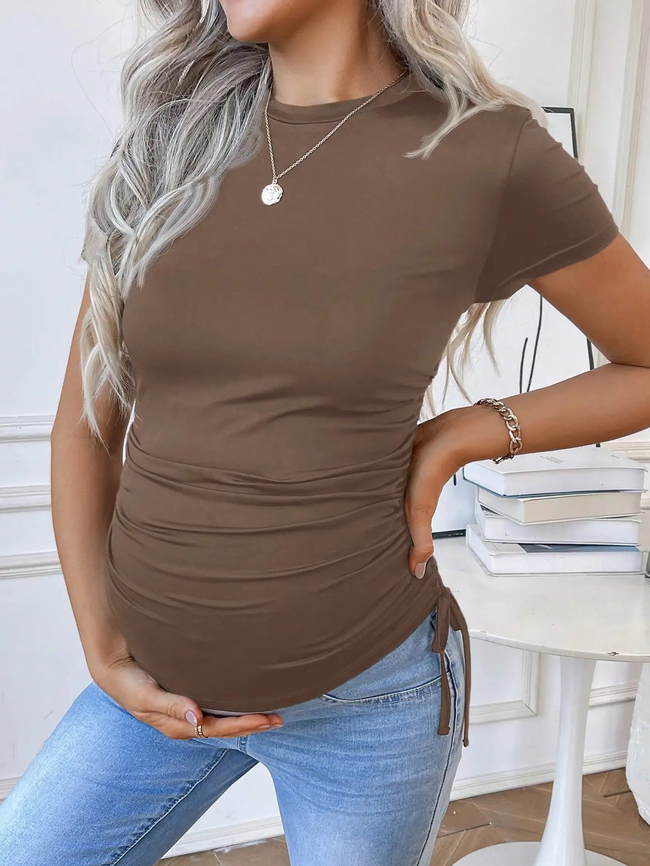 Maternity Sports Top with Side Drawstring Ruched Design - Adjustable Summer Shirt - Fanghuang