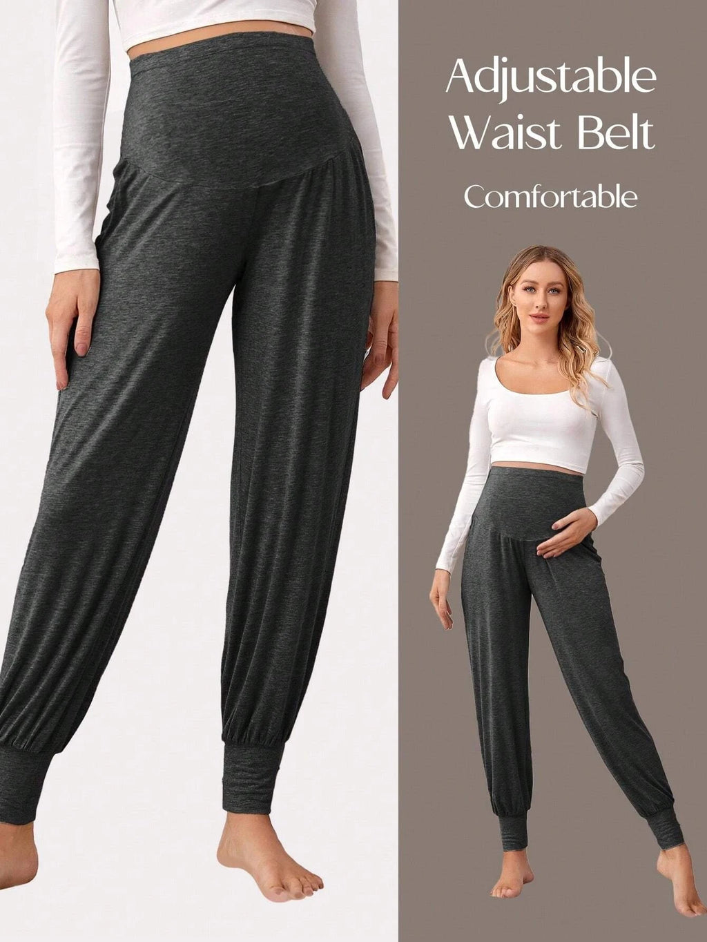 Black Maternity Yoga Capri Pants with Adjustable Waist Belt - Comfortable Over-the-Belly Support - Fanghuang