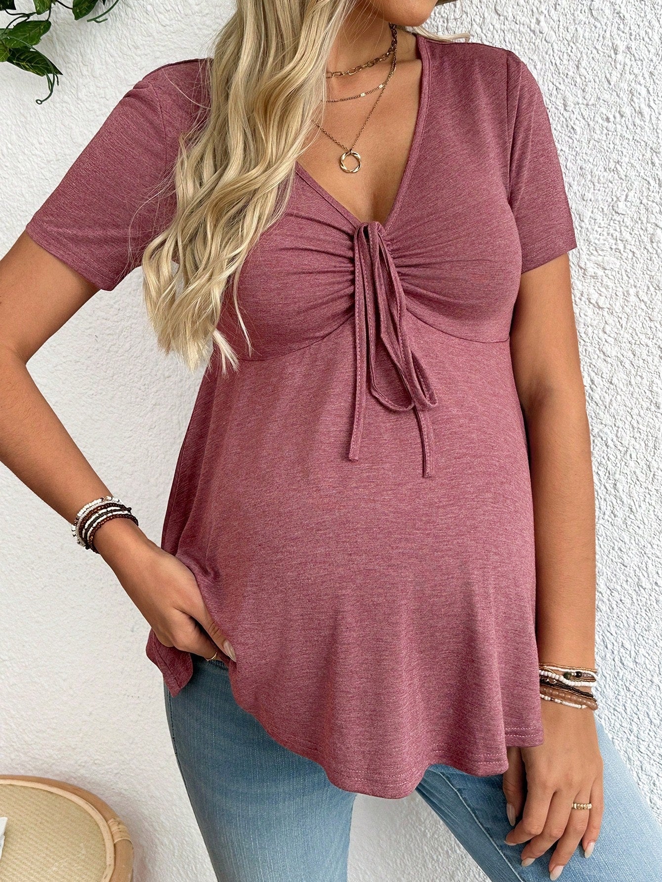 Soft Stretchy Fabric of Solid Color Maternity Tee - Breathable Skin-friendly Summer Wear - Fanghuang