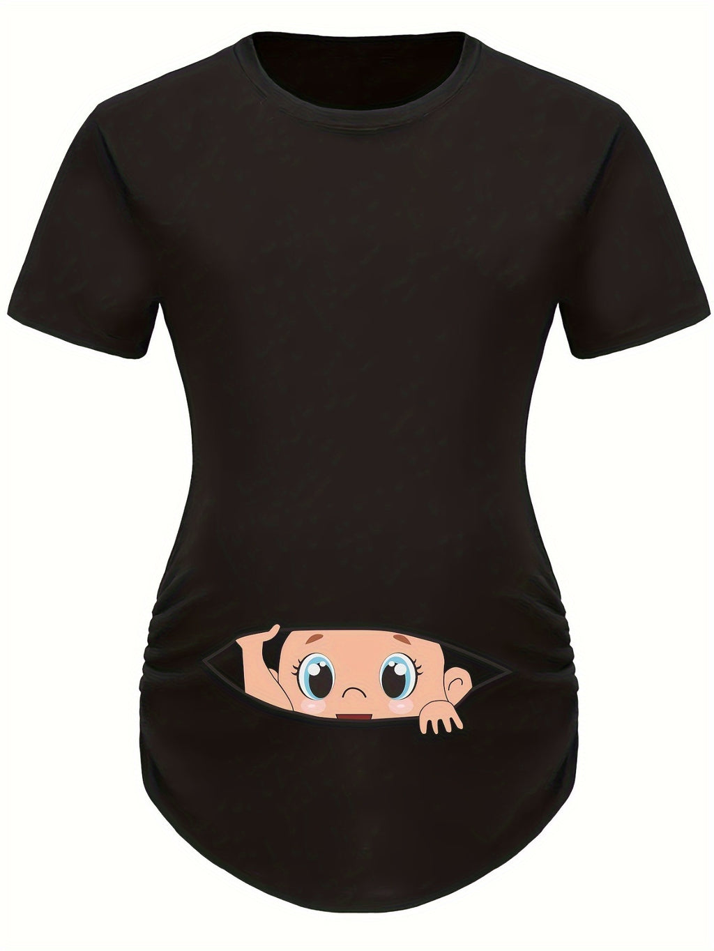 Funny Black Maternity T-shirt with Cute Baby Peeking Print - Creative Pregnancy Announcement Top - Fanghuang