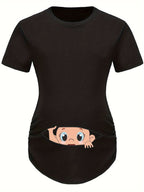Funny Black Maternity T-shirt with Cute Baby Peeking Print - Creative Pregnancy Announcement Top - Fanghuang
