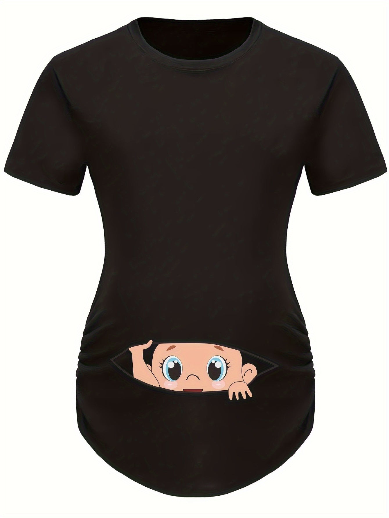 Funny Black Maternity T-shirt with Cute Baby Peeking Print - Creative Pregnancy Announcement Top - Fanghuang