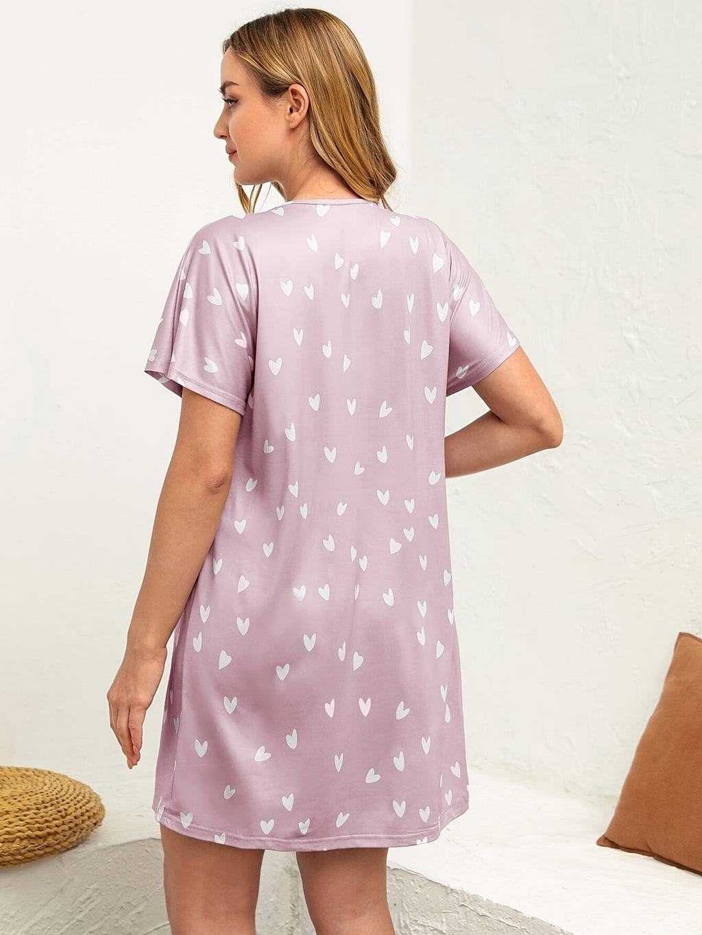Full Back View of Short Sleeve Nursing Dress - Heart Casual Home Wear - Fanghuang