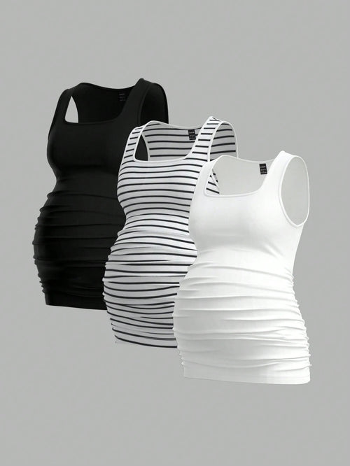3-Pack Maternity Sleeveless T-shirts - Essential Summer Pregnancy Tops Multipack - Fanghuang