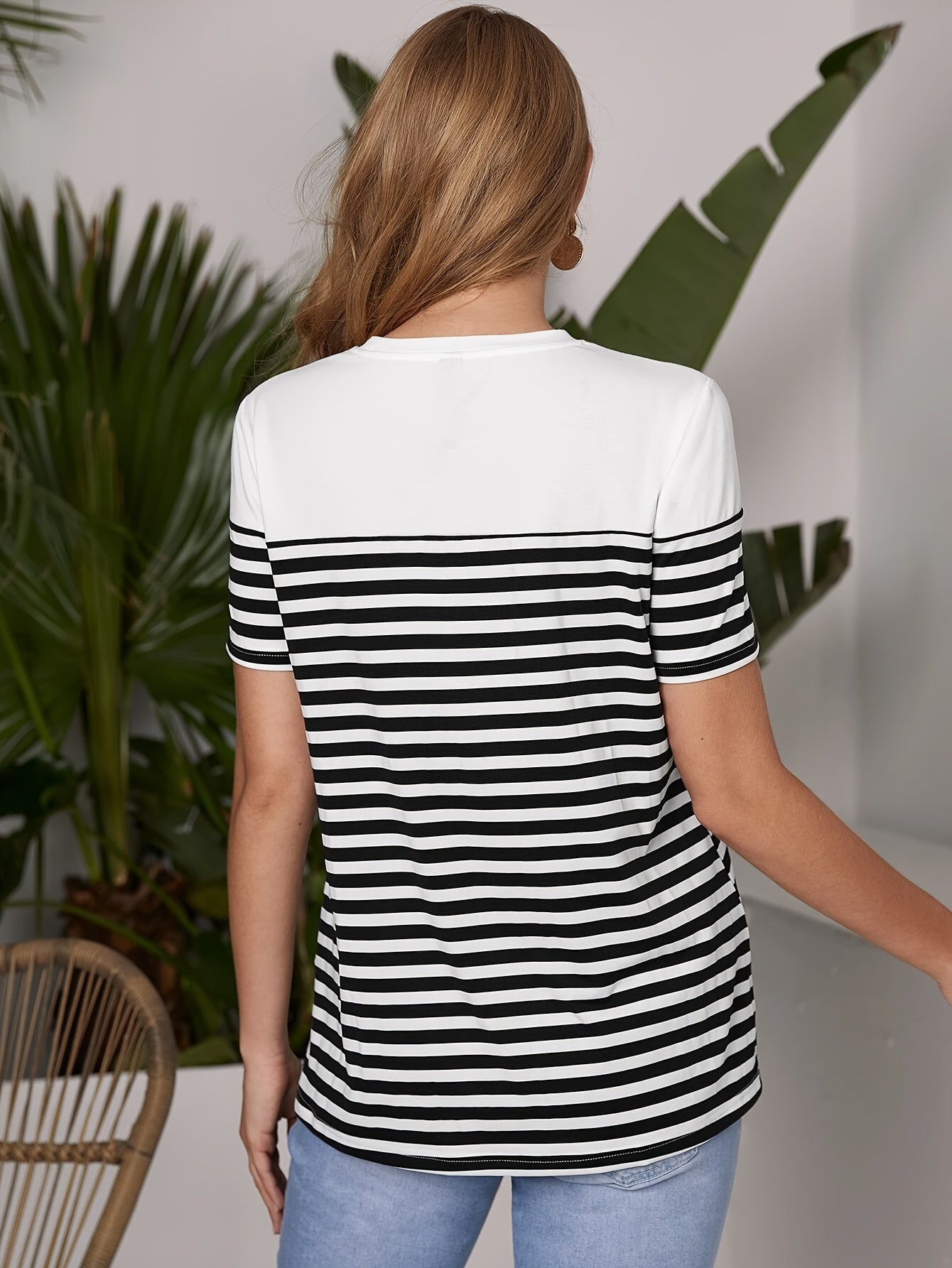 Full Back View of Striped Maternity Base Layer - Classic Black and White Summer Style - Fanghuang