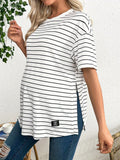 Classic White and Black Striped Maternity T-shirt - Short Sleeve Summer Base Layer - Fanghuang