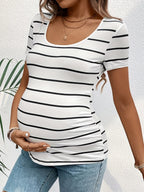 Classic Wide Striped Maternity T-Shirt - Relaxed Fit Summer Pregnancy Top - Fanghuang
